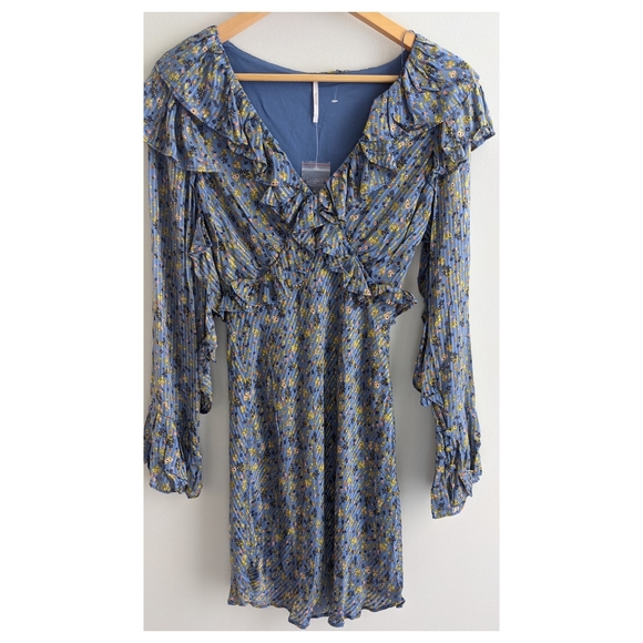 New WOT Free People Sweetest Thing Mini Floral Dress in Blue - Picture 4 of 16